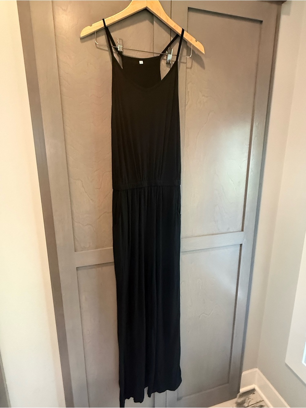 Women's Black Comfy Spaghetti-Strap Jumpsuit w Pockets